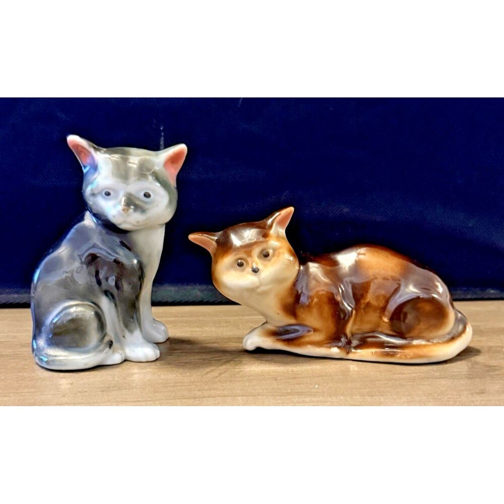 Vintage Ceramic Glazed Cat Figurines Set of 2 Made In Japan Funny Faces